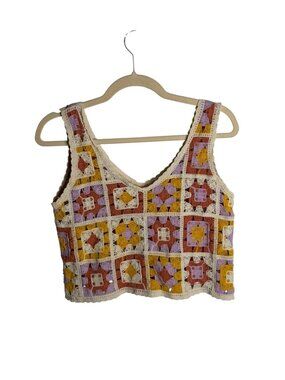 Rebellion Again Size S Crochet Granny Square Patchwork Crop Tank Top Festival